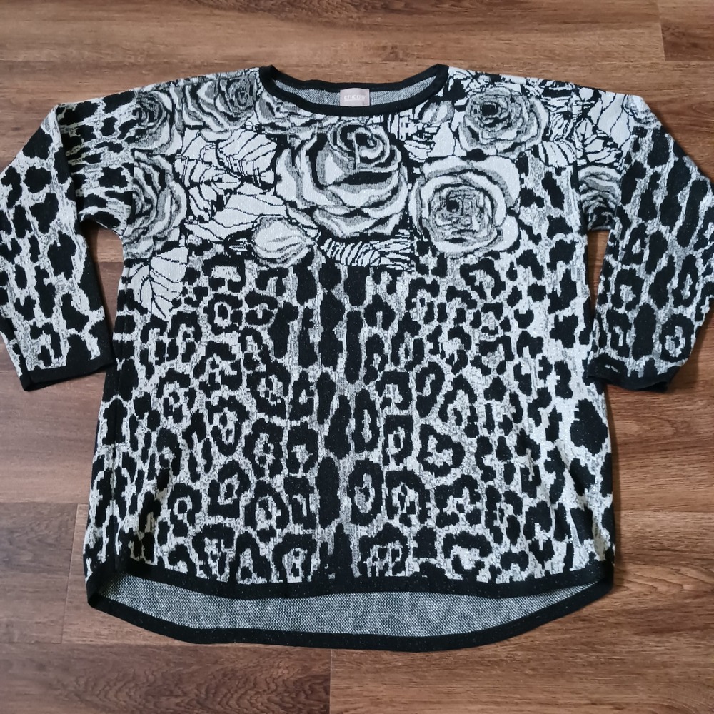 Chicos Womens Metallic Floral Leopard Print Sweater Size 3 Large XL Black Silver